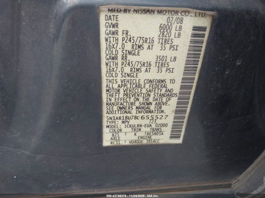 2008 Nissan Pathfinder S VIN: 5N1AR18U78C655527 Lot: 43756376
