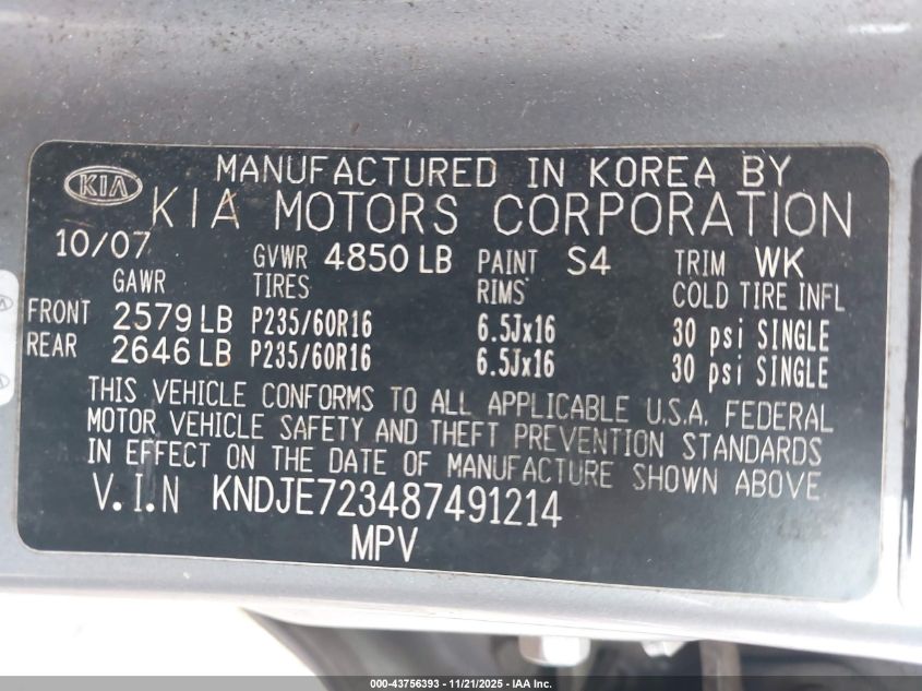 2008 Kia Sportage Lx V6 VIN: KNDJE723487491214 Lot: 43756393