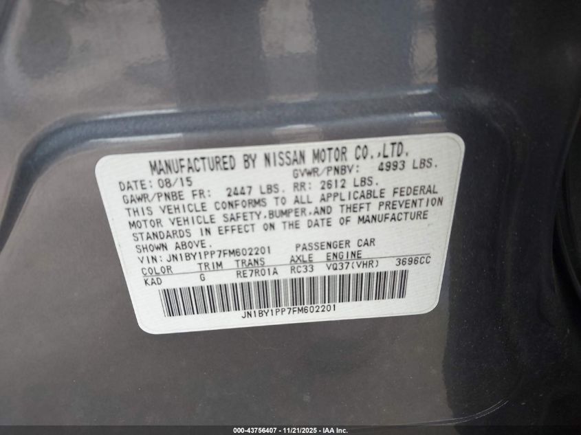 2015 Infiniti Q70L 3.7 VIN: JN1BY1PP7FM602201 Lot: 43756407