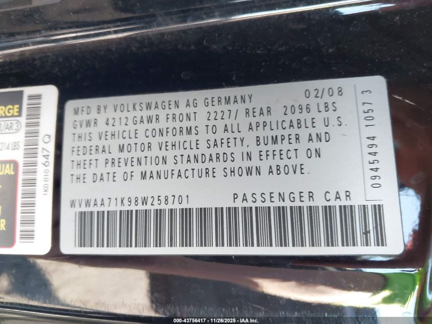 2008 Volkswagen Rabbit S VIN: WVWAA71K98W258701 Lot: 43756417
