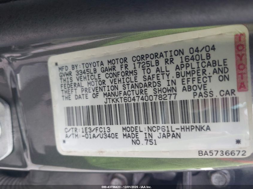 2004 Scion Xa VIN: JTKKT604740078277 Lot: 43756423