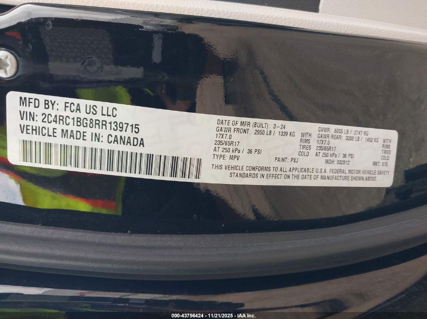 2024 Chrysler Pacifica Touring L VIN: 2C4RC1BG8RR139715 Lot: 43756424