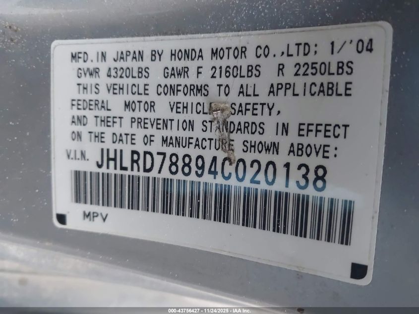 2004 Honda Cr-V Ex VIN: JHLRD78894C020138 Lot: 43756427