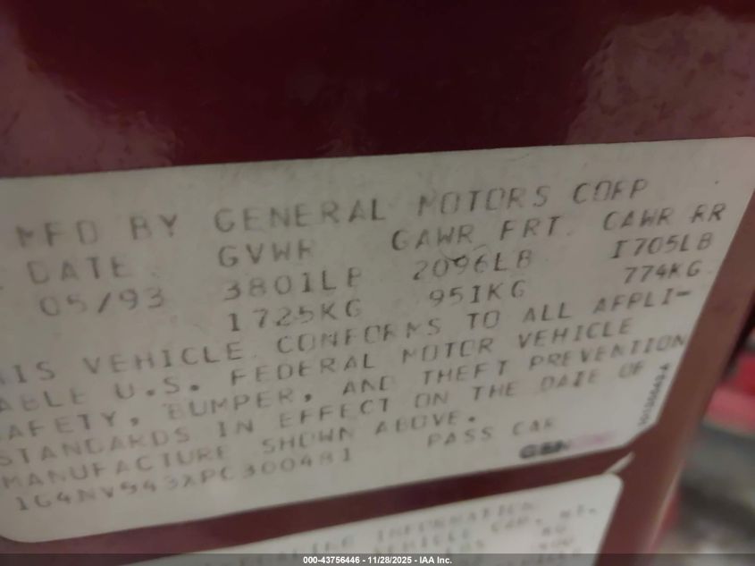 1993 Buick Skylark Custom VIN: 1G4NV543XPC300481 Lot: 43756446