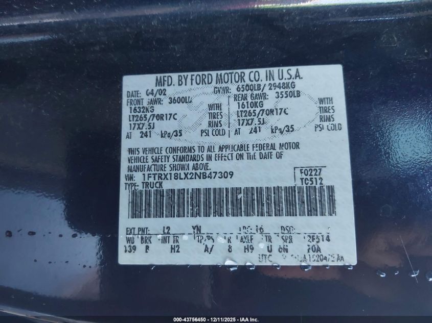 2002 Ford F-150 Lariat/Xl/Xlt VIN: 1FTRX18LX2NB47309 Lot: 43756450