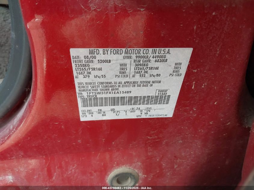 2001 Ford F-350 Lariat/Xl/Xlt VIN: 1FTSW31FX1EA15489 Lot: 43756463