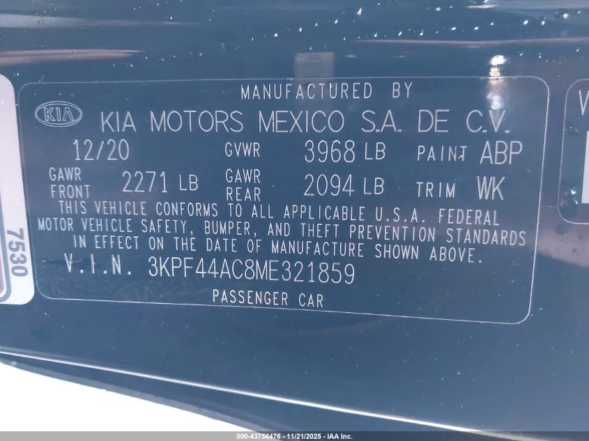 2021 Kia Forte Gt VIN: 3KPF44AC8ME321859 Lot: 43756476