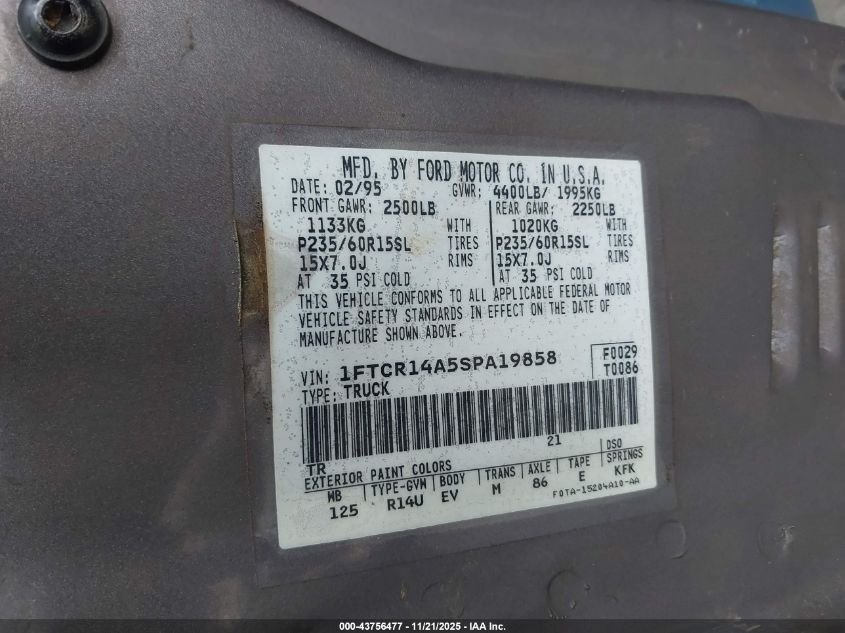 1995 Ford Ranger Super Cab VIN: 1FTCR14A5STA19858 Lot: 43756477