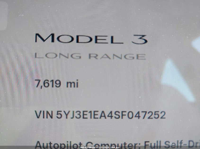 2025 Tesla Model 3 Long Range Rear-Wheel Drive/Standard VIN: 5YJ3E1EA4SF047252 Lot: 43756484