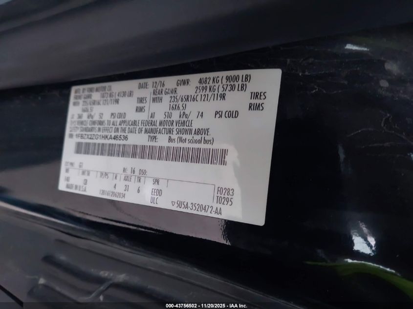 2017 Ford Transit-350 Xlt VIN: 1FBZX2ZG1HKA46536 Lot: 43756502