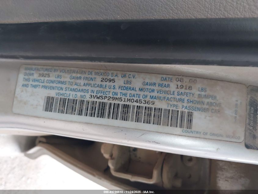 2001 Volkswagen Jetta Gls Tdi VIN: 3VWSP29M51M045369 Lot: 43756510