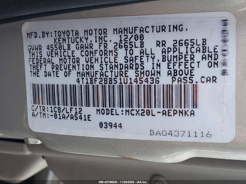 2001 Toyota Avalon Xl VIN: 4T1BF28B51U145436 Lot: 43756520