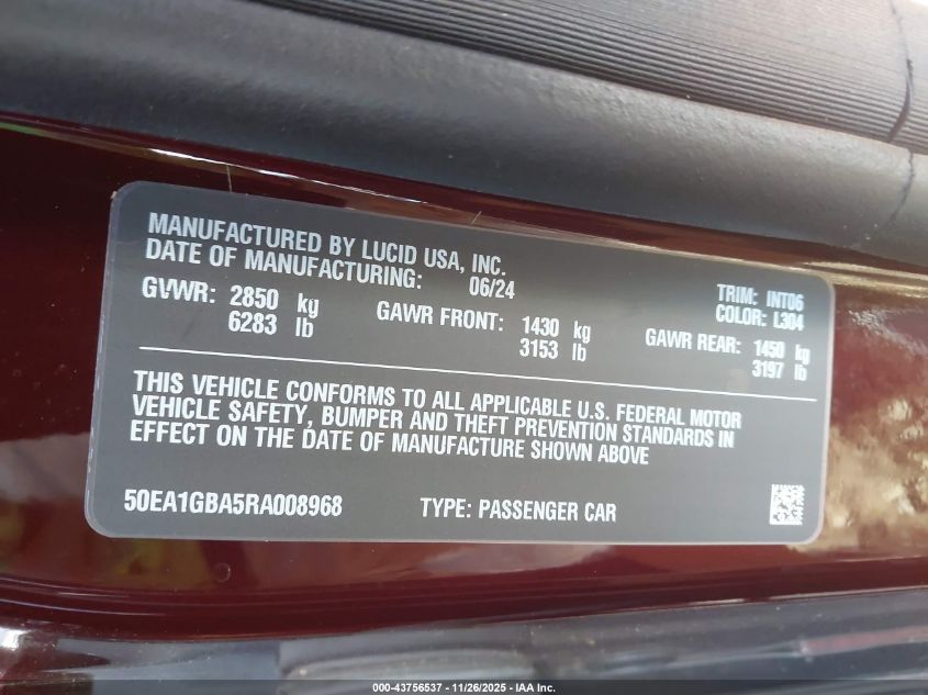 2024 Lucid Air Grand Touring VIN: 50EA1GBA5RA008968 Lot: 43756537