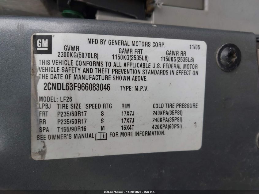 2006 Chevrolet Equinox Lt VIN: 2CNDL63F966083046 Lot: 43756539