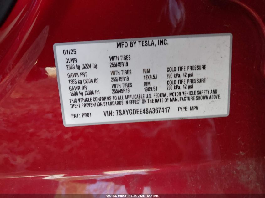 2025 Tesla Model Y Long Range Dual Motor All-Wheel Drive VIN: 7SAYGDEE4SA367417 Lot: 43756543
