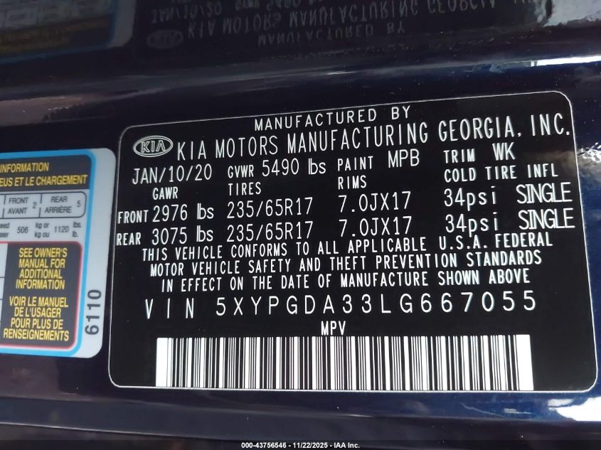 2020 Kia Sorento 2.4L Lx VIN: 5XYPGDA33LG667055 Lot: 43756546