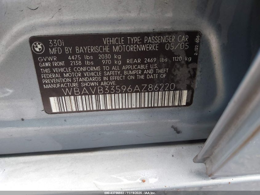 2006 BMW 330I VIN: WBAVB33596AZ86220 Lot: 43756553