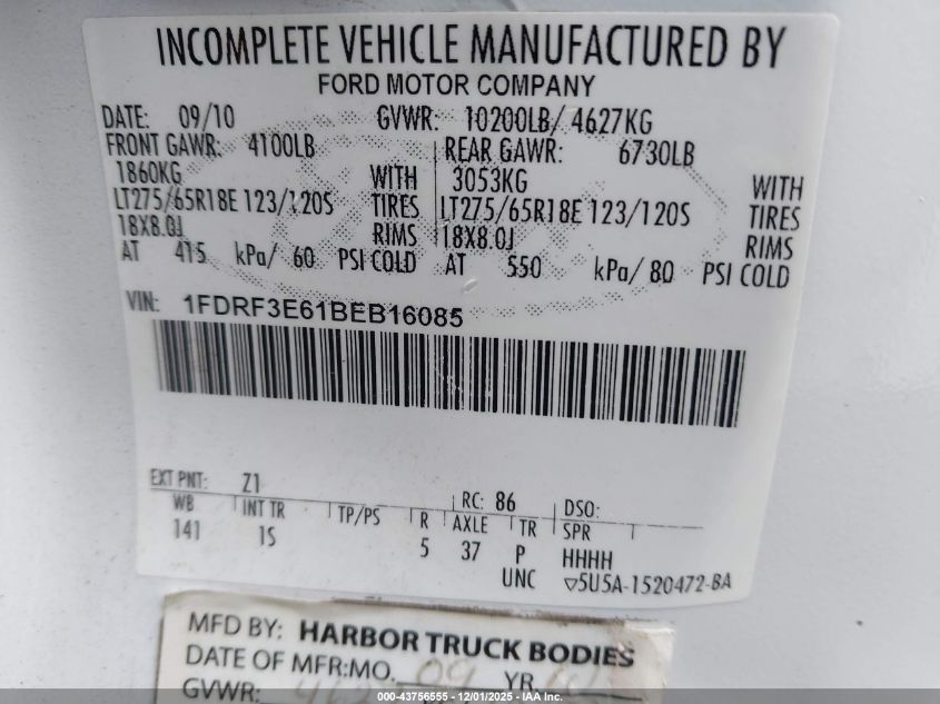 2011 Ford F-350 Chassis Xl VIN: 1FDRF3E61BEB16085 Lot: 43756555