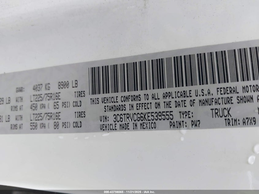 2019 Ram Promaster 2500 High Roof 136 Wb VIN: 3C6TRVCG6KE539555 Lot: 43756565