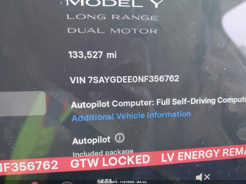 2022 Tesla Model Y Long Range Dual Motor All-Wheel Drive VIN: 7SAYGDEE0NF356762 Lot: 43756578