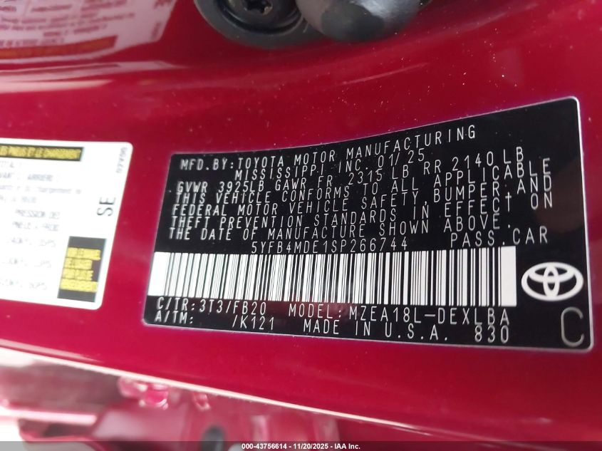 2025 Toyota Corolla Le VIN: 5YFB4MDE1SP266744 Lot: 43756614