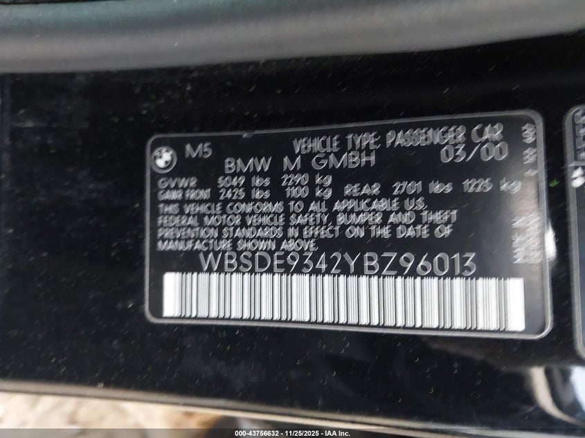 2000 BMW M5 VIN: WBSDE9342YBZ96013 Lot: 43756632