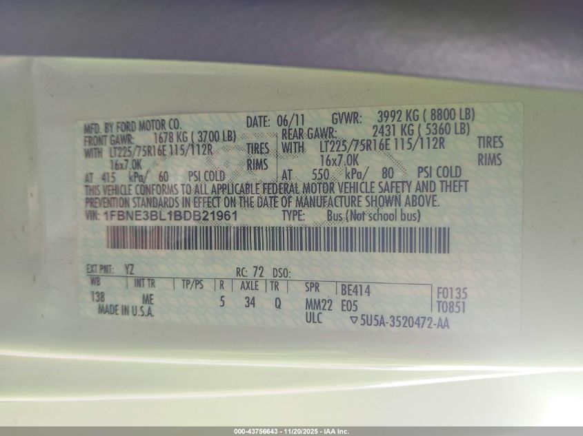 2011 Ford E-350 Super Duty Xlt VIN: 1FBNE3BL1BDB21961 Lot: 43756643