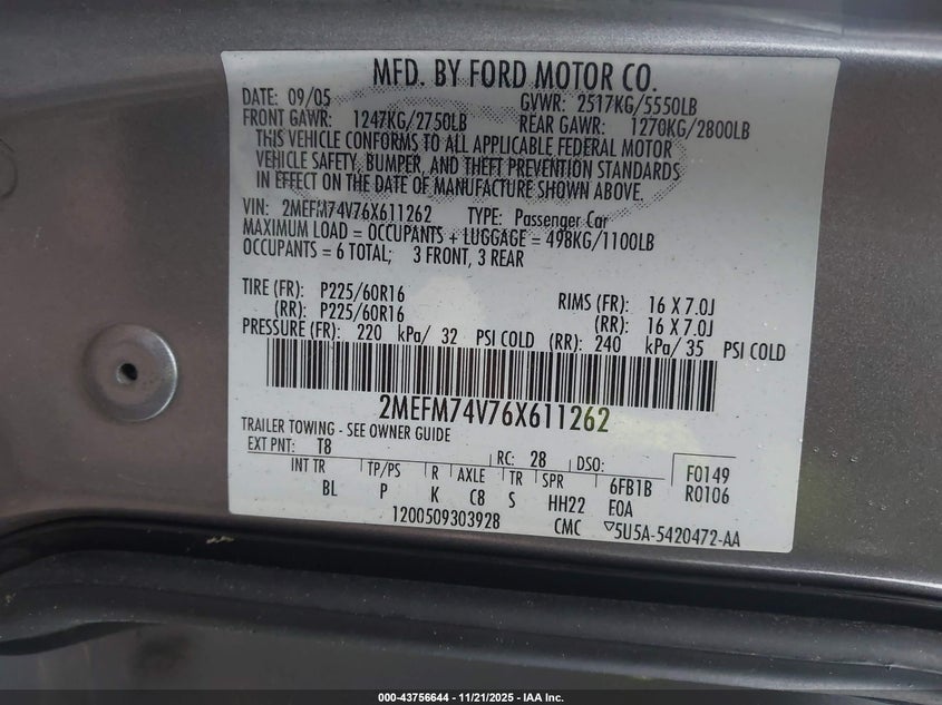 2006 Mercury Grand Marquis Gs VIN: 2MEFM74V76X611262 Lot: 43756644