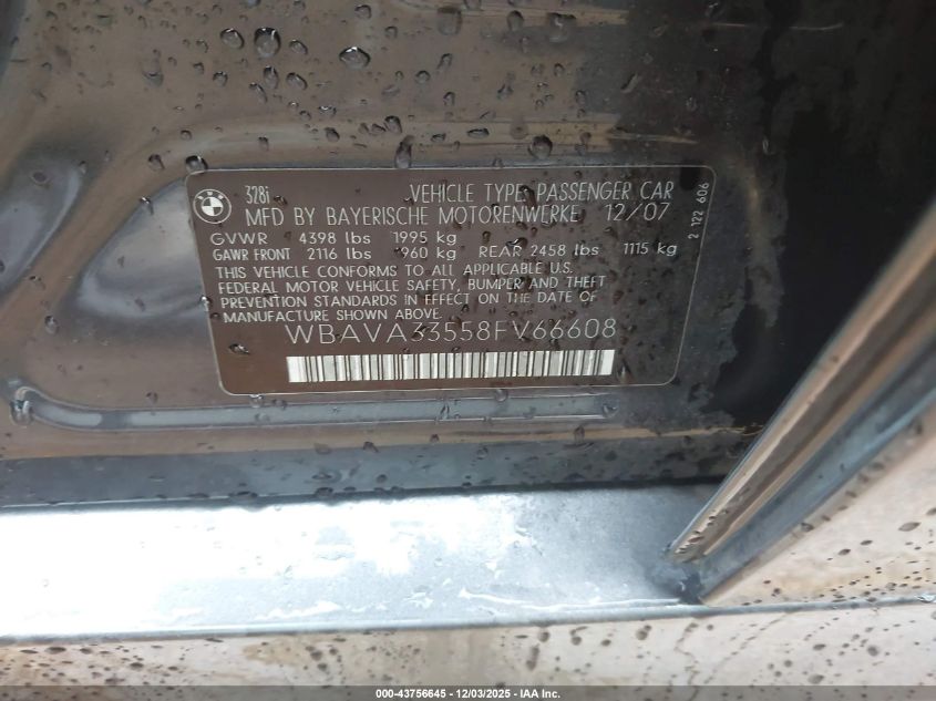 2008 BMW 328I VIN: WBAVA33558FV66608 Lot: 43756645
