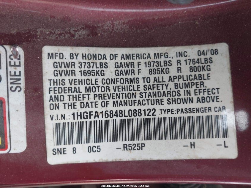 2008 Honda Civic Ex VIN: 1HGFA16848L088122 Lot: 43756648