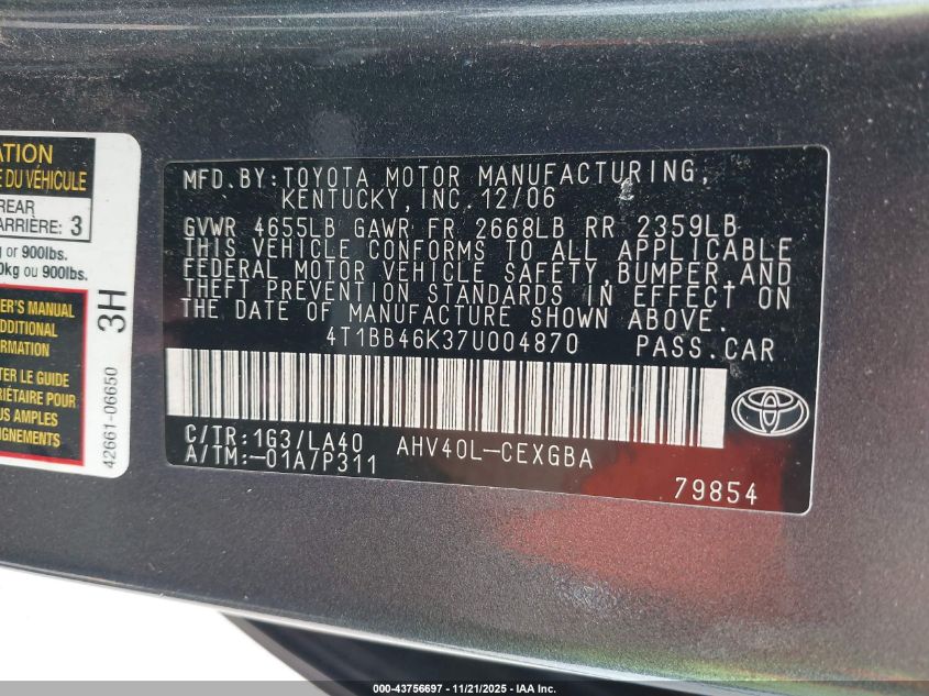 2007 Toyota Camry Hybrid VIN: 4T1BB46K37U004870 Lot: 43756697