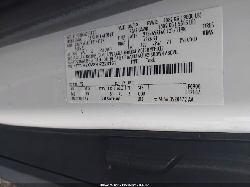 2019 Ford Transit-250 VIN: 1FTYR2XM8KKB23131 Lot: 43756698