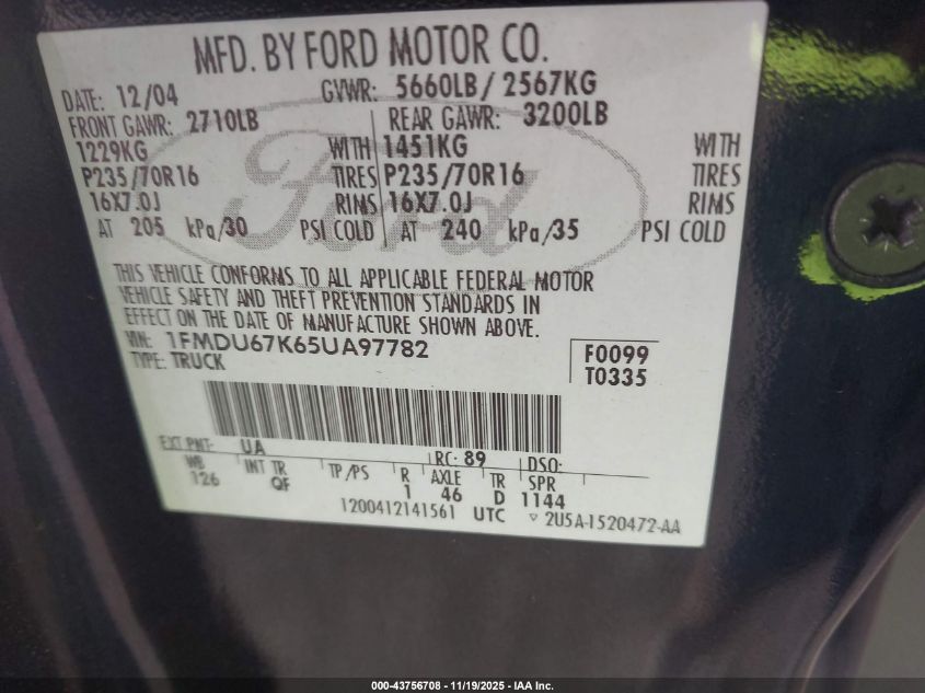 2005 Ford Explorer Sport Trac Adrenalin/Xls/Xlt VIN: 1FMDU67K65UA97782 Lot: 43756708