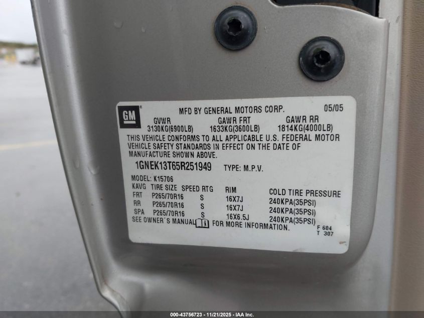 2005 Chevrolet Tahoe Ls VIN: 1GNEK13T65R251949 Lot: 43756723