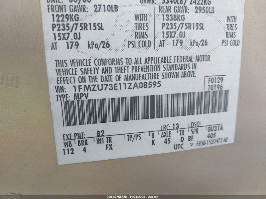 2001 Ford Explorer Xlt VIN: 1FMZU73E11ZA08599 Lot: 43756728