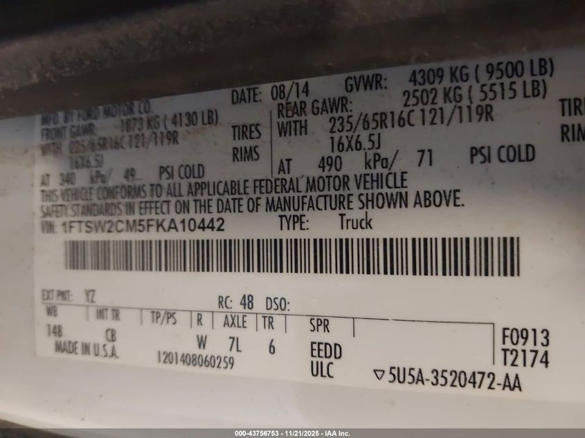 2015 Ford Transit-350 VIN: 1FTSW2CM5FKA10442 Lot: 43756753