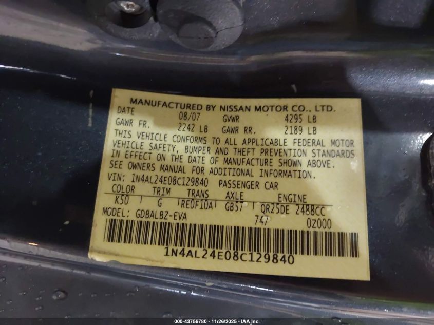 2008 Nissan Altima 2.5 S VIN: 1N4AL24E08C129840 Lot: 43756780