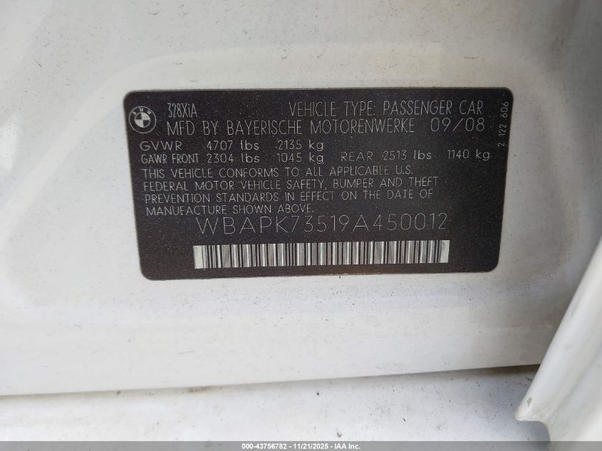 2009 BMW 328I xDrive VIN: WBAPK73519A450012 Lot: 43756782
