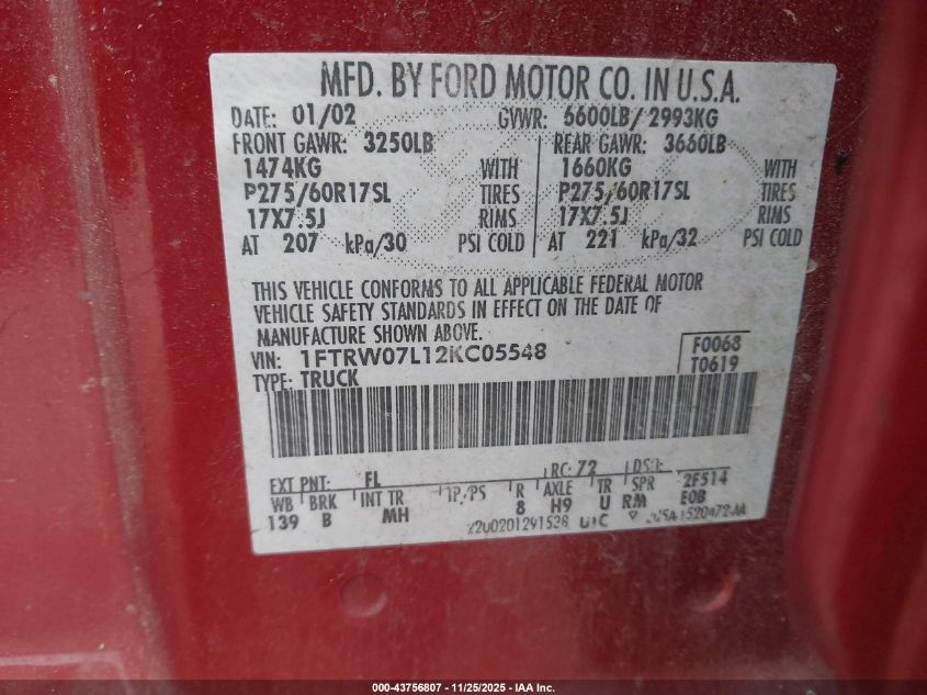 2002 Ford F-150 Lariat/Xlt VIN: 1FTRW07L12KC05548 Lot: 43756807