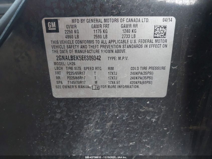 2014 Chevrolet Equinox 1Lt VIN: 2GNALBEK5E6309342 Lot: 43756810