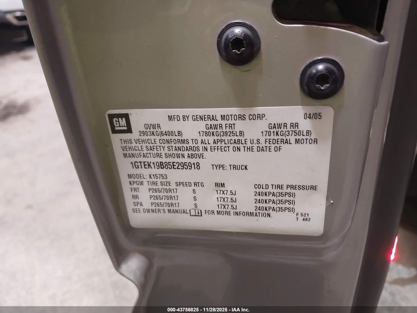 2005 GMC Sierra 1500 Sle VIN: 1GTEK19B85E295918 Lot: 43756825