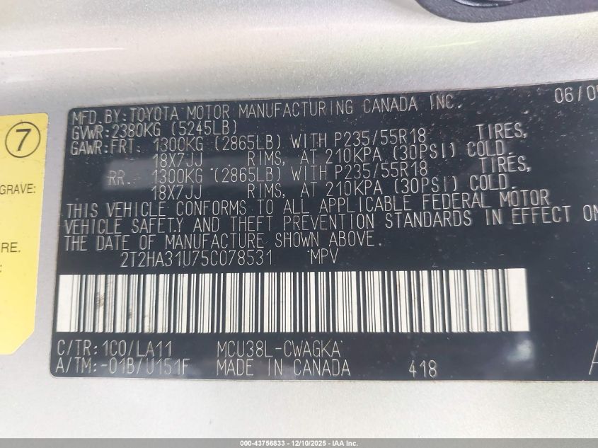 2005 Lexus Rx VIN: 2T2HA31U75C078531 Lot: 43756833