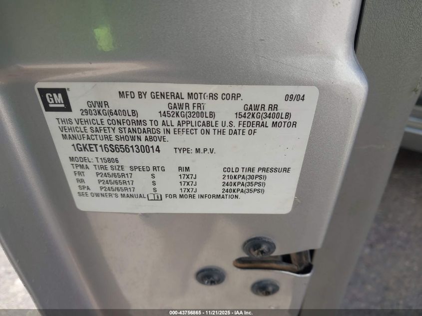 2005 GMC Envoy Xl Sle VIN: 1GKET16S656130014 Lot: 43756865