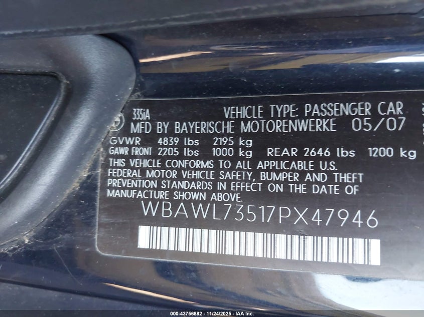 2007 BMW 335I VIN: WBAWL73517PX47946 Lot: 43756882