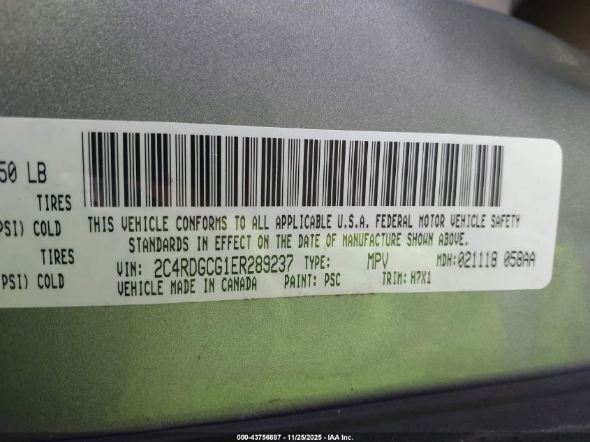 2014 Dodge Grand Caravan Sxt VIN: 2C4RDGCG1ER289237 Lot: 43756887