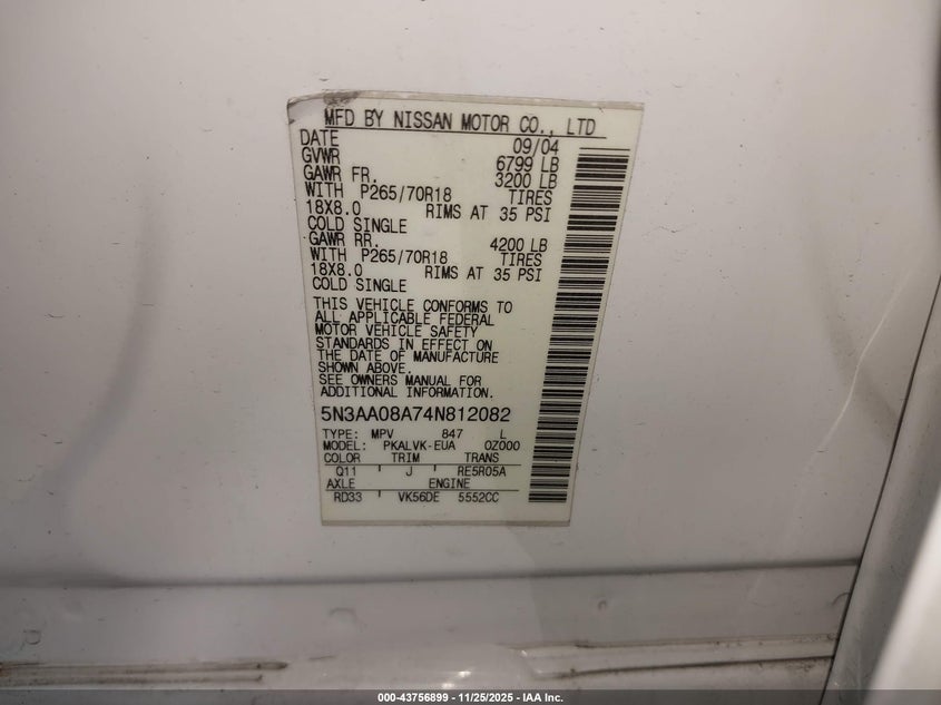 2004 Infiniti Qx56 VIN: 5N3AA08A74N812082 Lot: 43756899