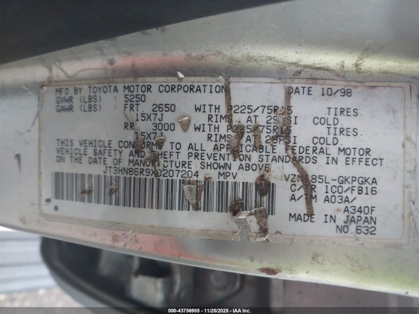 1999 Toyota 4Runner Sr5 V6 VIN: JT3HN86R9X0207204 Lot: 43756905