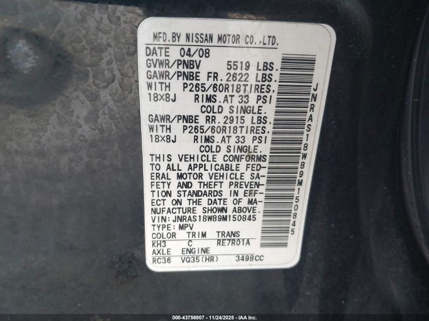 2009 Infiniti Fx35 VIN: JNRAS18W89M150845 Lot: 43756907