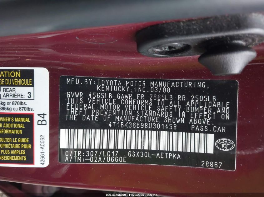 2008 Toyota Avalon Limited VIN: 4T1BK36B98U301458 Lot: 43756909