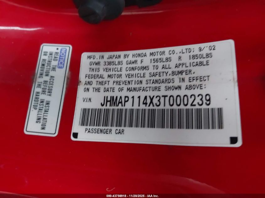 2003 Honda S2000 VIN: JHMAP114X3T000239 Lot: 43756918